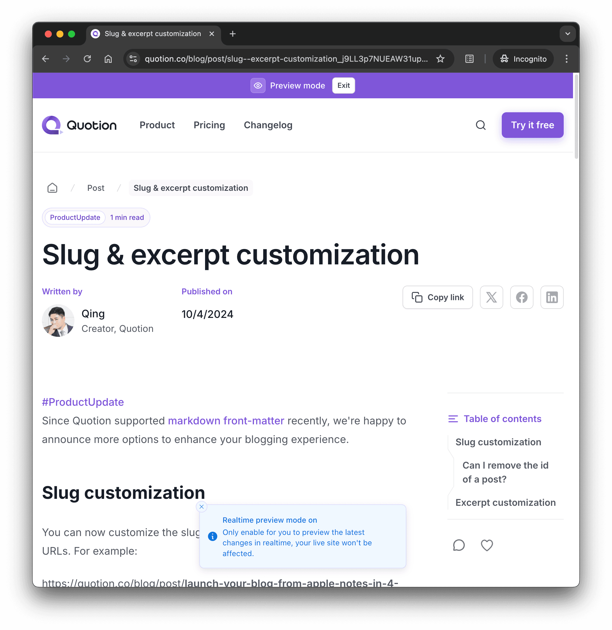 Realtime preview banner and toast